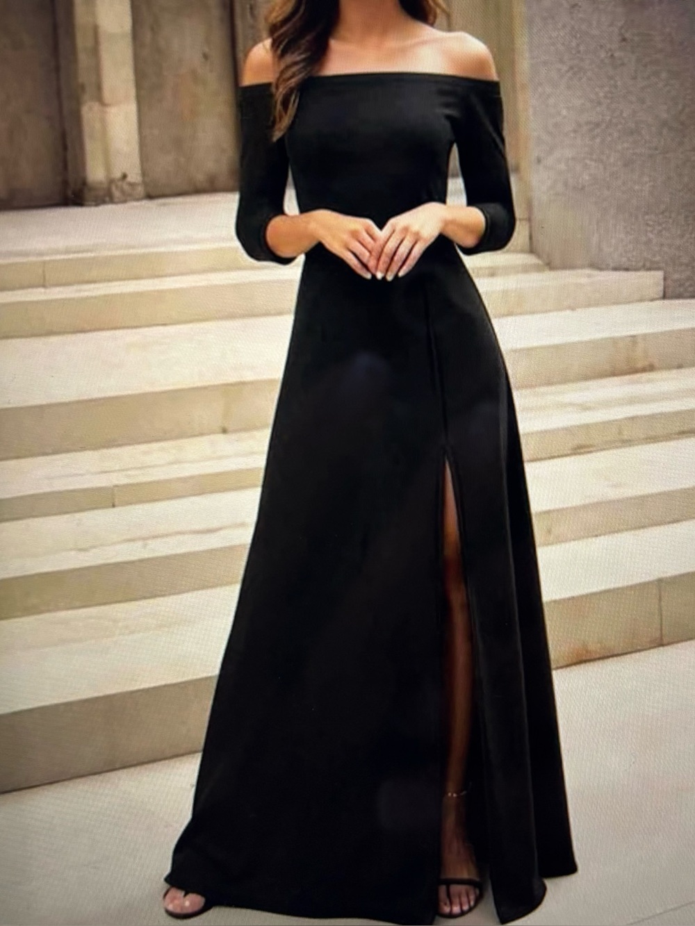 Off-Shoulder Black Evening Gown with Front Slit